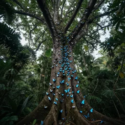 ultra wide angle photograph of a giant old tree in a costa rican rainforest covered in iridescent blue morpho butterflies, beautiful, ethereal, cinematic