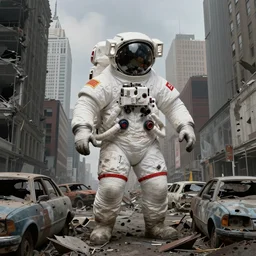 rembrandt style!!! american white spacesuit chubby astronaut in giant postapocalyptic abandoned destroyed times square, wrecked buildings, destroyed flipped wrecked cars