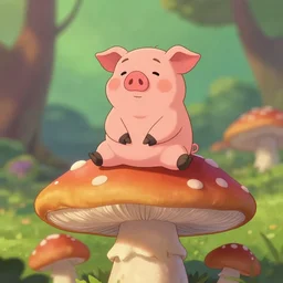 “ pixar style pig meditating on top of a giant mushroom cap. ”