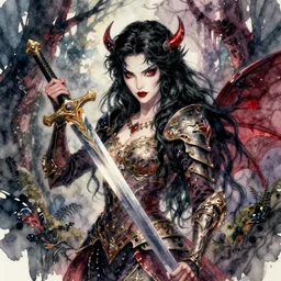 highly detailed watercolor, beautiful sly evil female fairy, sword, fantasy ornate armor, long black hair, red eyes, evil forest, nostalgia for a fairytale, magic realism, vivid colors, by charles vess, anato finnstark, cinematic lighting, beautiful face by leyendecker
