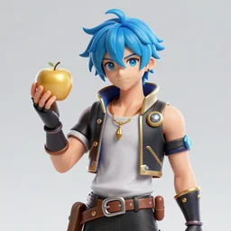 octane 3D fantasy art of anime guy with blue hair holding a golden apple in the style of waya steurbaut