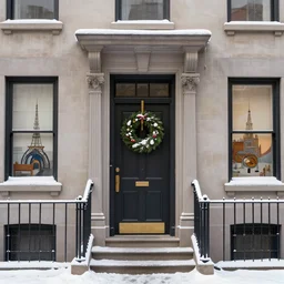 new york apartment building in winter, wreath on door, snow, artwork by gaston bussiere, craig mullins, trending on artstation