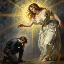 oil painting in the style of goya showing a small man despairing as a giant woman menacingly reaches for him, clear details, giantess, high resolution, beautiful