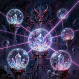 celestial demons trapped in glowing orbs, technology, circuitry, magic, sigils, led lights, crystalline shimmers, laser beams, hatred, airbrush painting, royo,