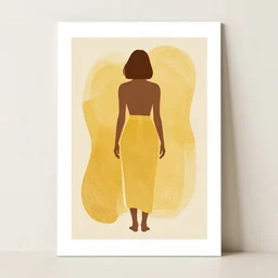 illustration art print, back view, full body silhouette of woman, boho style, abstract, yellow, beige background, by lea amati, society 6