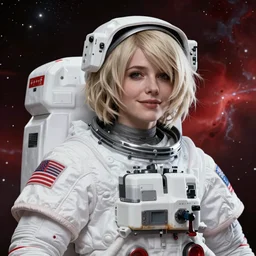 highly detailed portrait of a hopeful pretty astronaut lady with a wavy blonde hair, by Charles Vess, 4k resolution, nier:automata inspired, bravely default inspired, vibrant but dreary but upflifting red, black and white color scheme!!! ((Space nebula background))