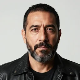 close up portrait of a middle - aged mexican man with a beard, wearing a black leather jacket, blank background, rembrandt lighting, detailed, by kehinde wiley, kadir nelson