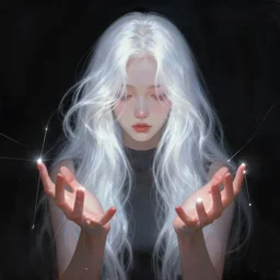 girl with silk glowing white hair showing her hands with glowing puppeteer stings coming out of it, concept digital art trending on artstation oilpaint centric layout symmetric black background