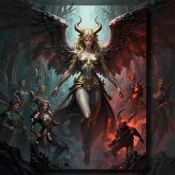 fantasy half angel in heaven, half demon in hell, dim light, front game card, marvel comics, dark, intricate, highly detailed, smooth, artstation, digital illustration by ruan jia and mandy jurgens and artgerm and wayne barlowe and greg rutkowski and zdislav beksinski