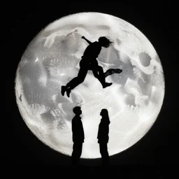 the background is a huge moon. in the night environment, a man jumps into the air with a woman in his arms. in the middle of the moon are two figures in black silhouettes.