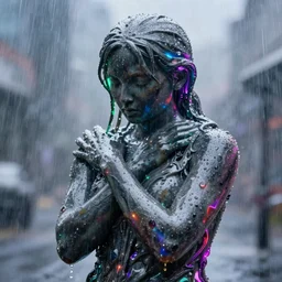 a human sculpted out of rain, neon, rendered in octane, unreal engine, highly detailed, realistic, beautiful, emotional