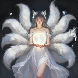 a woman in a white dress holding a glowing ball | with nine white fox tails | a detailed painting by ross tran | wlop!!!!!!!!!!!!!!! and stanley artgerm lau | featured on deviantart | fantasy art | anime | 2 d game art | official art