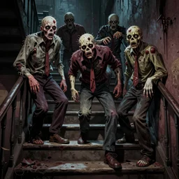 goosebumps cover art of zombies on a dark stairway. highly detailed illustration. strong shadows. pulp horror art