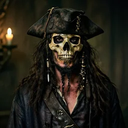 portrait photo of a dirty rugged old pirate lord wearing dirty old black hat, black coat and a worn ans stained skull bone mask, long black beard and long black hair, dark scene with candle light, movie scene, depth of field