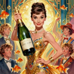 audrey hepburn as a cancan dancer with a big bottle of champagne in art deco style, nicoletta ceccoli, mark ryden, lostfish, max fleischer, hyper realistic, artstation, illustration, digital paint, matte paint, vivid colors, bright, cheerful, detailed and intricate environment