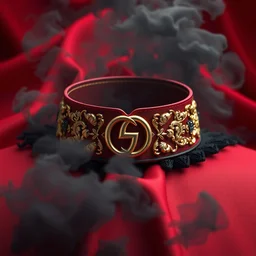 digital art of a beautiful decorative collar on a background of red gucci fabric and black smoke, hyper realistic full of details, canon eos, zbrush, artstation, greg rutkowski