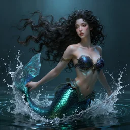 legendary mermaid emerging from water, splashing, elegant, pretty face, long curly hair, dark fantasy, scifi, volumetric lights, intricate, intense detail, digital painting, artstation, concept art, soft shading, cinematic, hyperealistic, illustration, 3 d 4 k