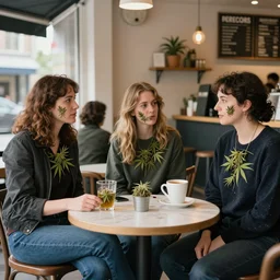 in modern australia 2 0 2 2, clients going to their local cafes wearing cannabis on their clothes, by fay godwin and rob gonsalves