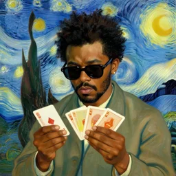 the weeknd wearing sunglasses and playing cards by vincent van gogh, brown skin, classical painting, digital painting, romantic, vivid color