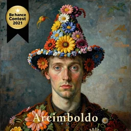 an album cover of a man with a strange hat on his head by Arcimboldo, behance contest winner, award winning, masterpiece, pop surrealism, made of flowers, surrealist-H 1024