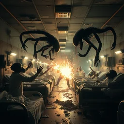 big budget science fiction movie frenzy high action sparks strobing lights sputtering mutant alien shapeshifters set in a trashed burning war torn hospital high energy fight scene between bizarre disturbing slimy wet terrifying alien life forms and doctors wearing gas masks on hospital beds dramatic lighting chiaroscuro