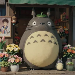 beautiful hyperrealism three point perspective film still of  flower shop yggdrasil scene in Totoro(1988) extreme closeup portrait in style of 1990s frontiers in translucent porclein miniature street photography seinen manga fashion edition, miniature porcelain model, focus on face, eye contact, tilt shift style scene background, soft lighting, Kodak Portra 400, cinematic style, telephoto