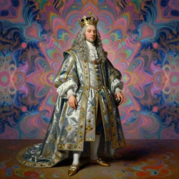 beautiful oil painting, full length portrait of dauphinois in rococo coronation robes 1701, Dan Mumford, Dan Mumford, Alex grey, highly detailed , lsd visuals, dmt fractal patterns, hallucinogen, visionary art, psychedelic art, ornate, vaporwave, baroque, Greg rutkowski