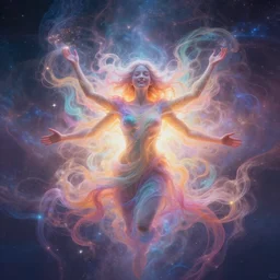 surreal, image of an ethereal, wispy, colourful but highly detailed enlightened entity transmitting waves of energetic radiant love, gratitude and happiness into the universe, hyper real