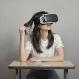 a gen z teenage asian girl sitting at a small table, hand combing the hair, wearing vr googles, aged desaturated oil painting by mai trung thu