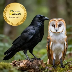 professional photo of a hybrid crow and barn owl and fox, national geographic, nature, photo in the forest, studio lighting, very detailed, unreal engine, canon photo, professional lighting, good composition, winning award photo, real hybrid crow and barn owl and fox, hybrid, real,