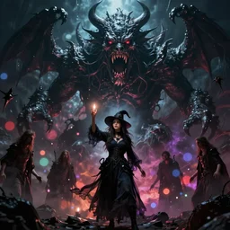 young novice witch summoning a monstrous horror from the abyss 4 k high definition artstation trending path traced contrast light and dark colorful bokeh massive scale cinematic breathtaking lovecraftian horror fantasy, art by wlop, mars ravelo and greg rutkowski