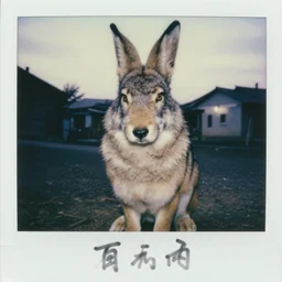 close up potrait of oversized wolf rabbit mutant, on village, full body, nighttime, cinematic focus, polaroid photo, vintage, neutral dull colors, soft lights,, overcast by oleg oprisco, by gregory crewdson