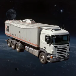 truck scania!!!, as a realistic scifi spaceship!!!, floating in space, thrusters placed instead of wheels!!, wide angle shot art by donato giancola and greg rutkowski, vintage retro scifi, realistic space, digital art, trending on artstation, symmetry!!!