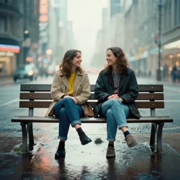 two happy best friends sit on a bench in cosmic city, wet ground, reflection, diffuze light, fuzzy, dream like, by david normal and salvador dali