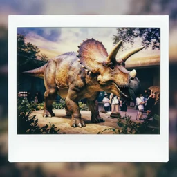 photograph of a polaroid of a triceratops exhibit at san diego zoo, tourists in background, bokeh, high definition, slr, golden hour, realistic skin