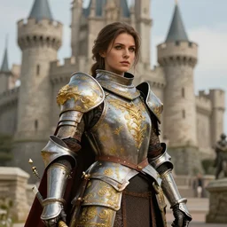 hyper detailed portrait of a female knight posing before a castle | Mark Zug | d&d | hyperrealistic | golden filigrees | 8k |
