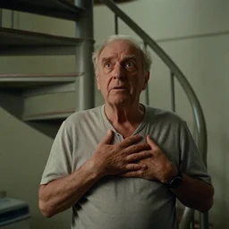 7 0 s movie still of a old man with a spiral stairs in the chest in the hospital, cinestill 8 0 0 t 3 5 mm eastmancolor, heavy grain, high quality, high detail