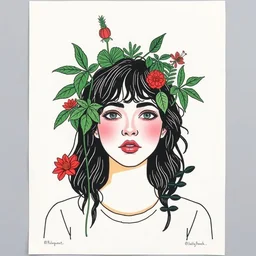 risograph print original a 5 riso illustration artprint, portrait of myself with plants