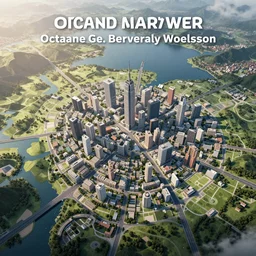 A game concept art of city map, near the lake. Octane renderer, artstation