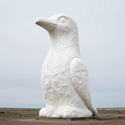 realistic documentary landscape photo a big white fluffy hairy ancient totems of a bird, in a grass field, neutral colors, 1 9 9 0, life magazine reportage photo