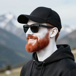 red bearded engineer with sunglasses and black cap and hoody, mountain, smiley profile, white skin, centred, high detailed