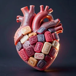 a human heart made out of tic tacs, photography, depth of field,
