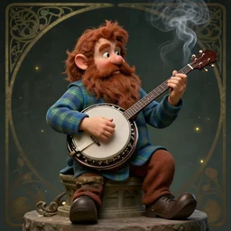 chill gnome - like man, long brownish - red beard, large brown mustache, blue and green plaid shirt, playing banjo, sitting on a pedestal, wispy smoke rising, fireflies, whimsical, concept art, art nouveau, photorealistic, octane render, unreal engine, mucha, magritte, artgerm, greg rutkowski, trending on artstation, super detailed, 8 k