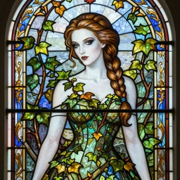 a stunning stained glass window of a beautiful alison brie dressed as poison ivy with white skin and with hair tied in a braid, dark eyeliner, intricate, elegant, highly detailed, digital painting, artstation, concept art, sharp focus, illustration, art by greg rutkowski and alphonse mucha