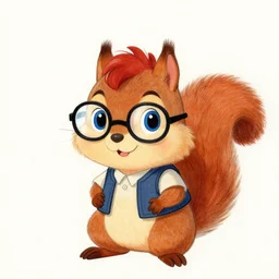 a drawing of a cute anthropomorphic squirrel facing the camera, wearing glasses and a vest, has blue eyes, a red mullet, art by don bluth,