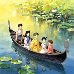 anime movie scene, characters, waterway, fantasy. gondola boat, amazing composition, colorful watercolor, lily pads, reflections, by ruan jia, by maxfield parrish, by koji morimoto, by hikari shimoda, by sparth, by zhang kechun, illustration, gloomy, yellow