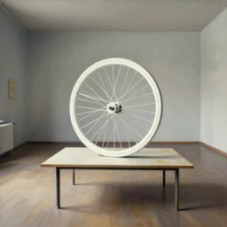 an object on a table in a vast room, by marcel duchamp, archival pigment print, 1 9 2 0, academic art, conceptual art, white bicycle wheel