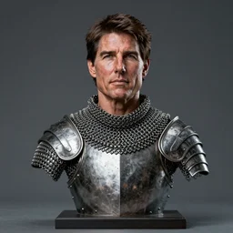 studio photograph of accurate portrait sculpture of tom cruise, beautiful symmetrical!! face accurate face detailed face realistic proportions, made of chain mail and plate armor on a pedestal by ron mueck and frank frazzetta, cinematic lighting shocking detail 8 k