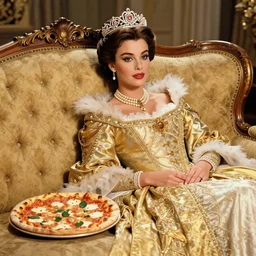 a photo of young sophia loren, dressed as a queen, relaxing on antique luxury sofa, wearing tiara, opulent pearl necklace, royal gown, pizza margherita on sofa beside her, beautiful, stunning, golden lighting, exquisit details, masterpiece, burlesque photo by letizia battaglia