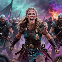Realistic full-body photo of a majestic fierce viking woman, leading a battle, war cry, mind-blowing details, ethereal, ominous, scarred, highly detailed, viking attire, cinematic, 16k, 1080s,  smooth, sharp focus, by Stanley Artgermm, Tom Bagshaw, Greg Rutkowski, Vincent di Fate, Carne Griffiths, Ayami Kojima, trending on DeviantArt, hyper detailed, full of color, digital art, Vibrant colors, Smooth gradients, High contrast, depth of field, aperture f2.8